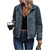 SOLY HUX Women's Corduroy Quilted Puffer Jacket Zip Up Long Sleeve Padded Bomber Barn Jackets Coat with Pockets
