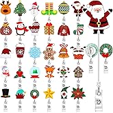 Crtiin 30 Pcs Christmas Acrylic Retractable Badge Reel Holiday ID Holder with Santa Claus & Snowman Christmas Alligator Clip Reel for Nurses, Doctors & Office Staff