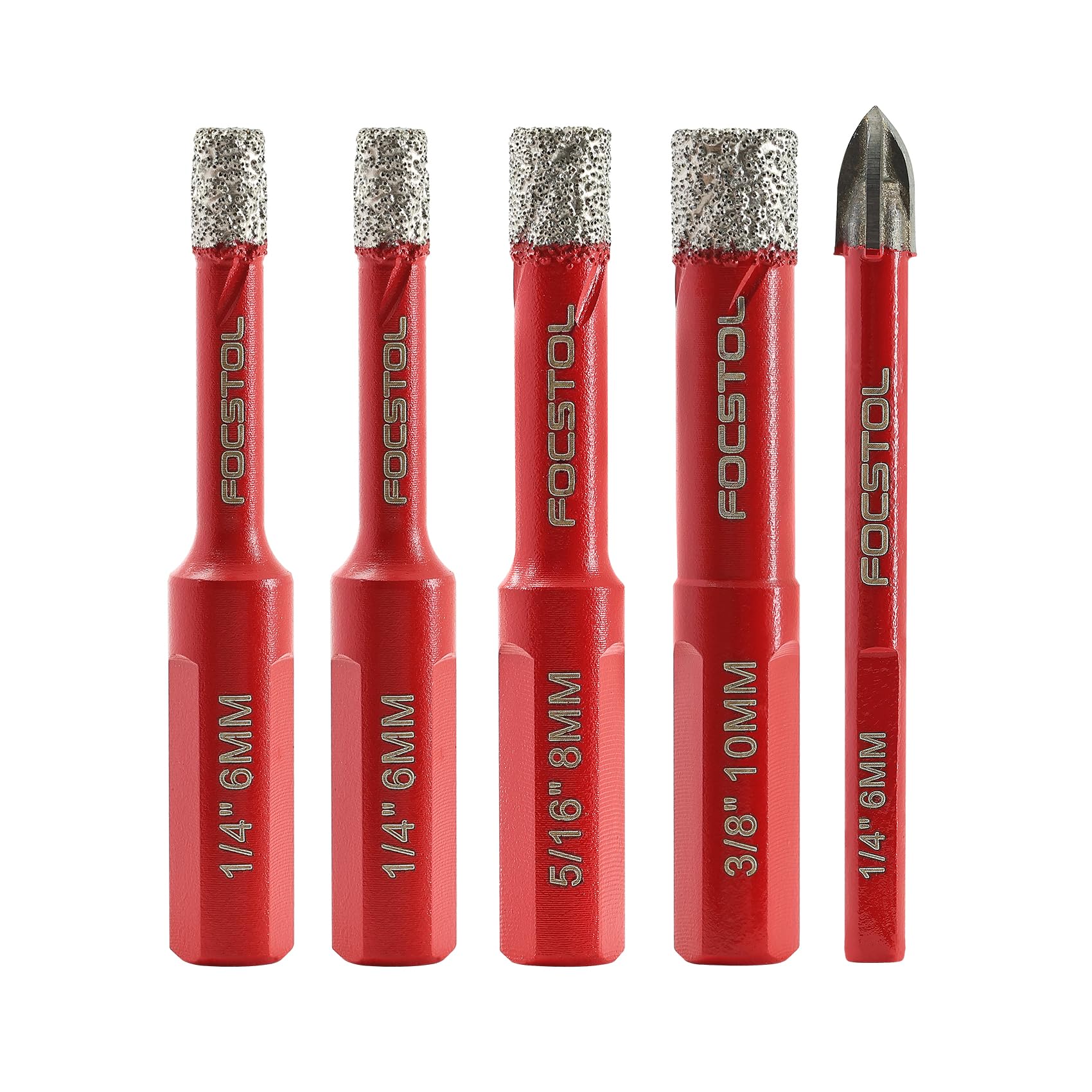 Dry Diamond Drill Bits Set - FOCSTOL 4pcs 6/6/8/10mm Diamond Hole Saw & 1pc 6mm Carbide Drill with Triangle Shank for Porcelain Tile Ceramic Granite Marble