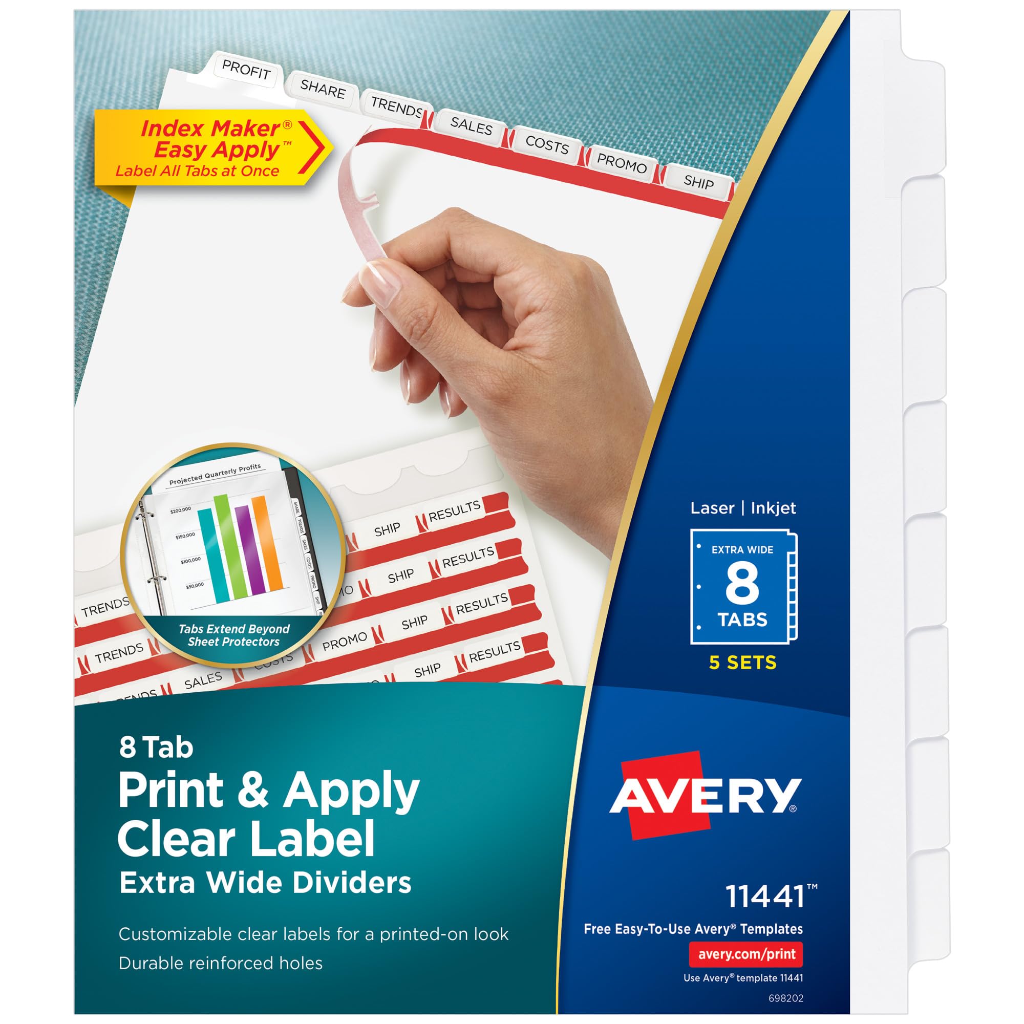 Avery 8-Tab Extra Wide Binder Dividers, Easy Print & Apply Clear Label Strip, Index Maker,White, 5 Sets (11441) — image 1