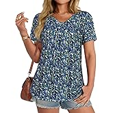 T Shirts for Women Short Sleeve Tops Casual Pleated Front Blouses V Neck Summer Tees