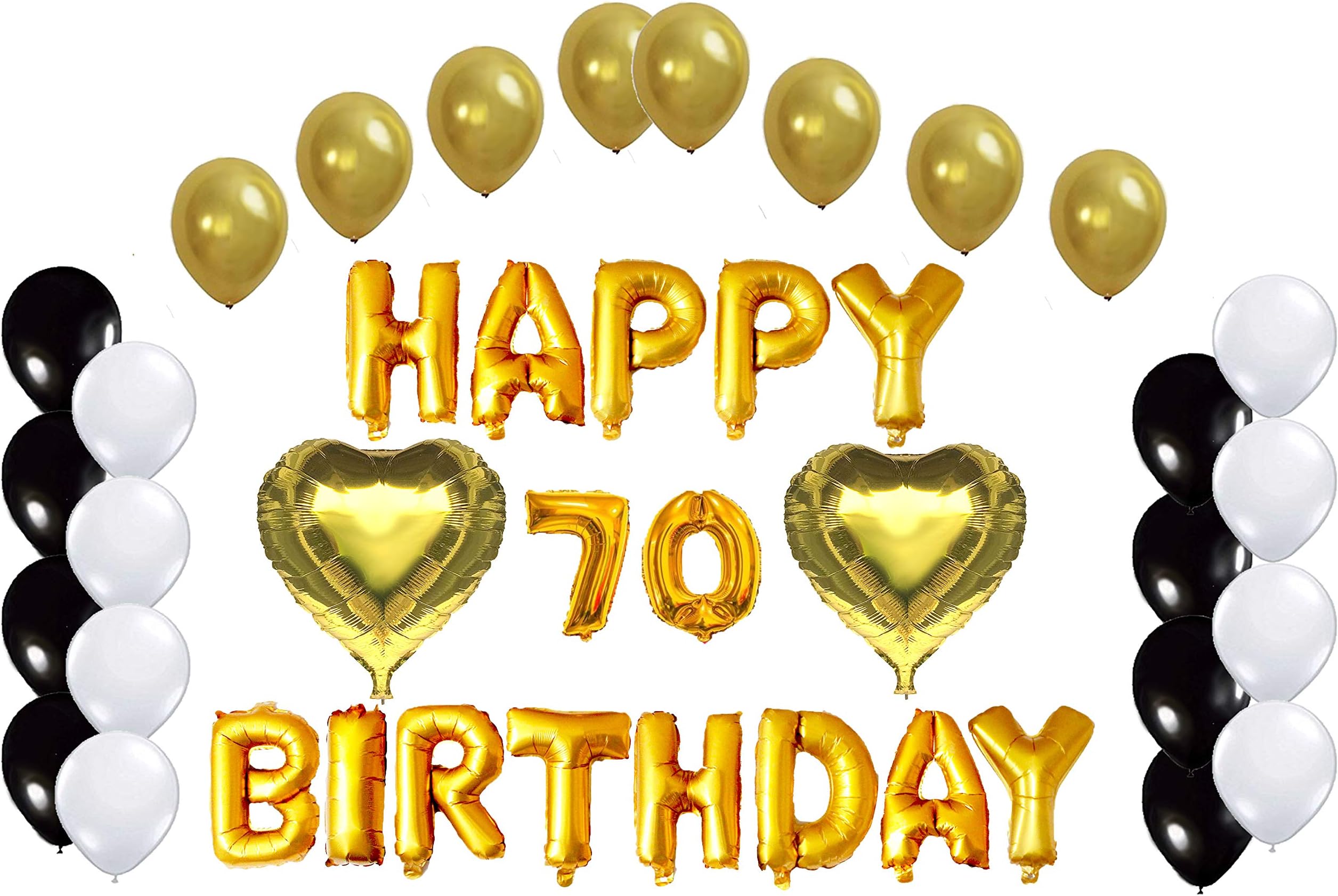 Shiny Golden Happy 70th Birthday Decorations Foil Letters Balloon Set by PartyPlace, 2 heart shape balloons,16 Inch Gold Letter Mylar Foil Balloon. Bonus-Metallic Balloons (Happy Birthday 70)