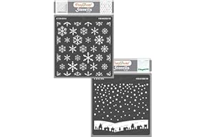 CrafTreat Snowflake Stencils for Painting on Wood, Canvas, Paper, Fabric and Tile - Snowflake Background & Winter Village Stencil - 2 Pcs - 6x6 Inches Each - Reusable DIY Art and Craft Stencils