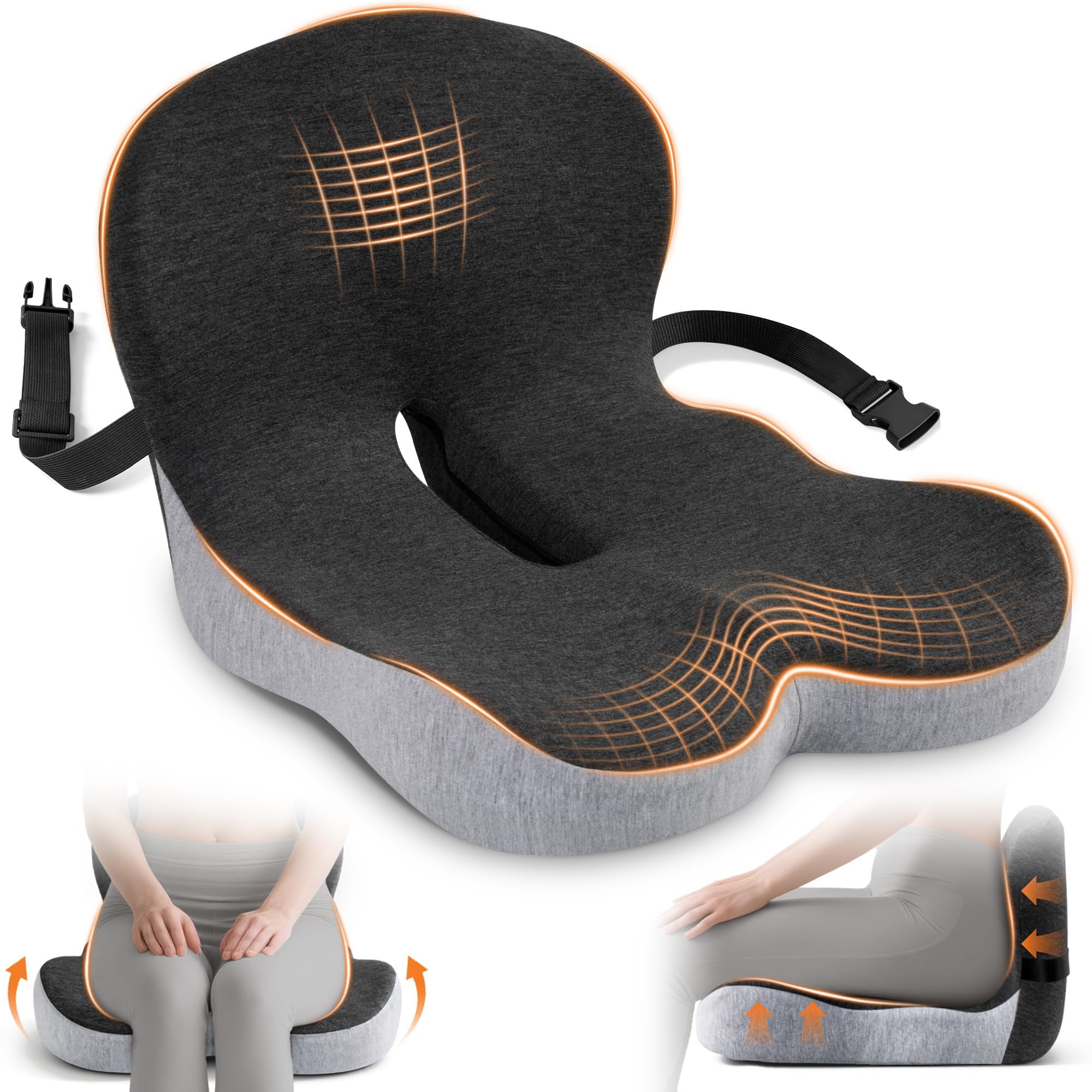Photo 1 of Seat Cushion, Office Chair Cushions for Tailbone Relief, Seat Cushions for Office Chair with L-Shaped Ergonomic Design & Adjustable Strap, Memory Foam Chair Cushion for Long Sitting Worker(Black Gray)