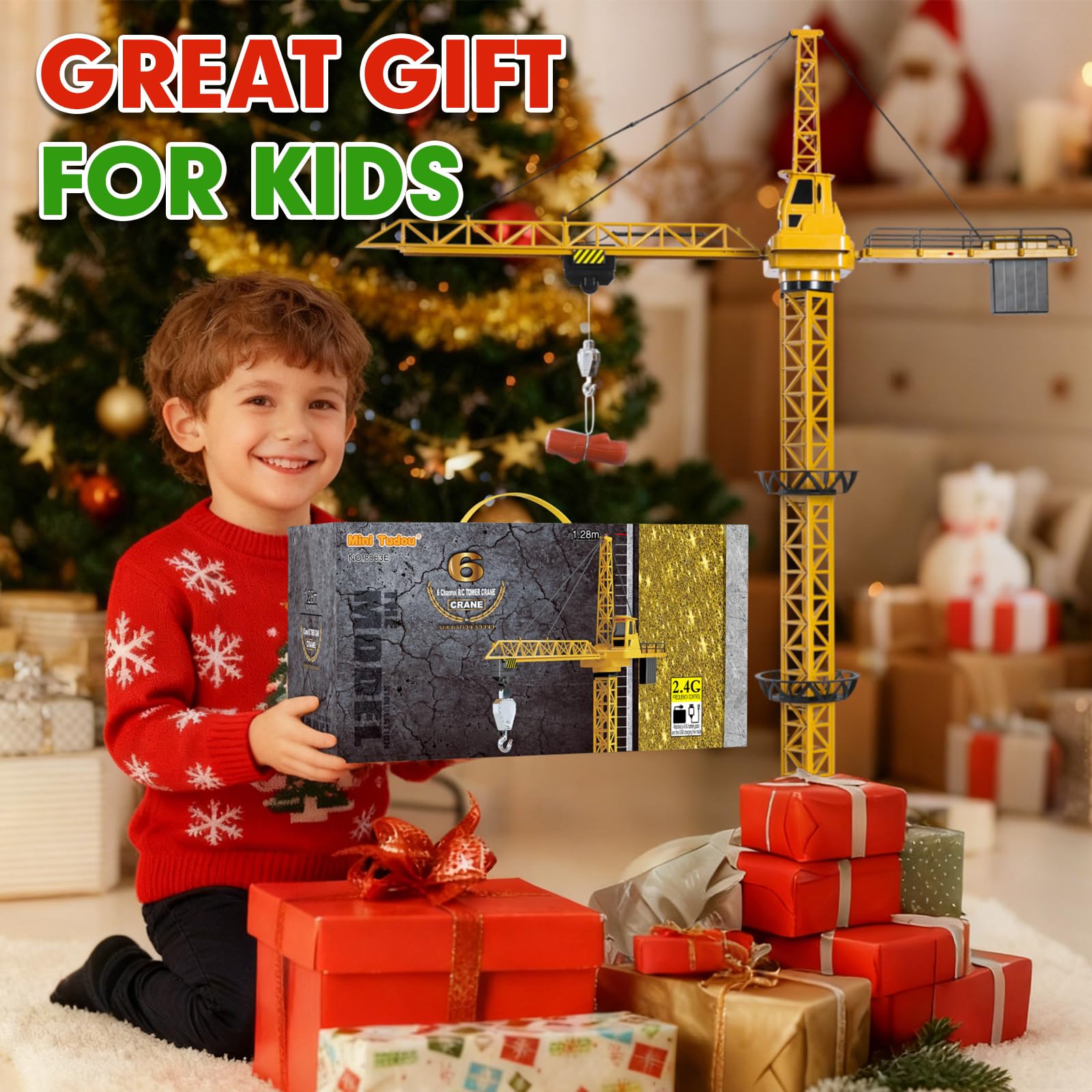 Mini Tudou 128 cm hohe 2,4 Hz Ferngesteuerte Turmkran,6 Kanäle Radio Kontrolle Konstruktion RC Kran Spielzeug 680 Grad Rotation Aufzug Model mit Turm Licht und Geräusche für Kinder Junge 8