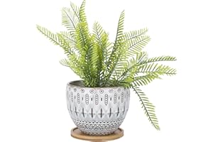 VanEnjoy 5.5 inch Large Round Bohemian Style Ceramic Planter, Geometry Engrave Off White Brown Succulent Planter Flower Pot, Indoor Outdoor Decorative Planter