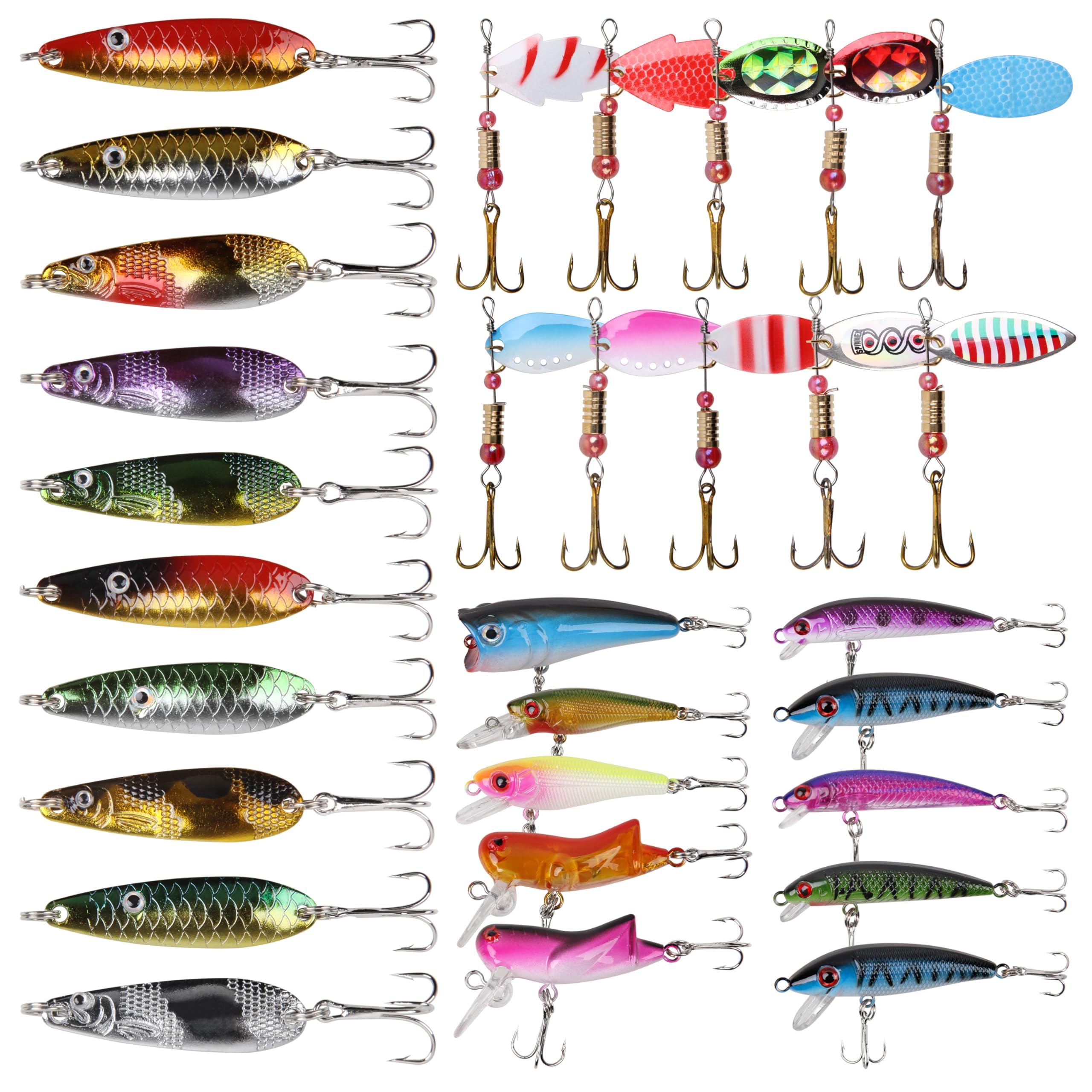 OROOTL Spinner Fishing Lures Kit, 30pcs Inline Spinner Baits Spoon Lures Small Hard Lures Assorted Fishing Lures Set for Trout Bass Salmon Walleye Freshwater Saltwater Tackle Box