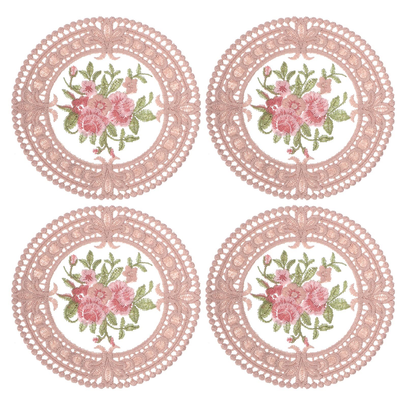 uxcell Fabric Coasters, 4pcs 4.7" - Polyester Crochet Coasters, Round Lace Embroidery Cup Mat with Floral Pattern for Wedding Party Decoration (Brown)