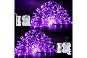 POTIVE 2 Pack Total 66 ft 200 LED Purple Rope Lights Battery Operated Lights, Battery Halloween Lights Outdoor Waterproof, Purple Battery Operated Lights for Balcony Garden Halloween Decor