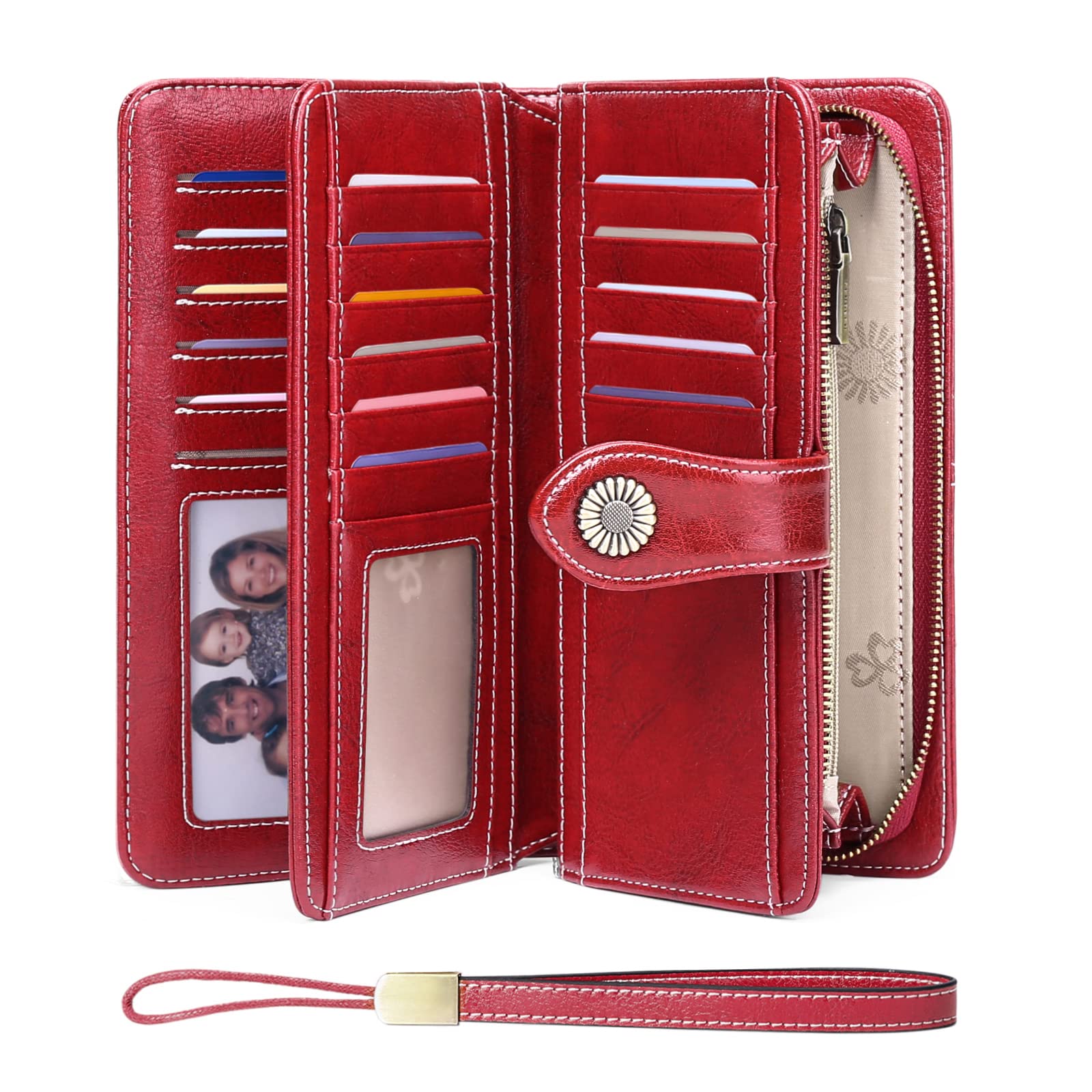 SENDEFN Genuine Leather Purses for Women, RFID Large Ladies Purse, Wallet for Women with Wrist Strap