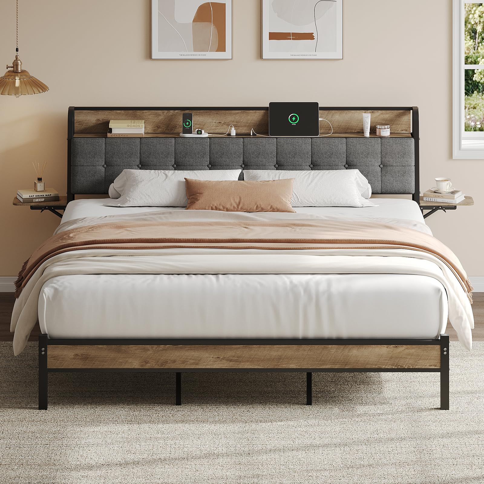 Photo 1 of ** SIMILAR** Salamir Queen Bed Frame with Storage Headboard & LED Lights, Metal Platform Bed with Folding Shelves and Charging Station, No Box Spring Needed, Easy Assembly, Noise-Free, Black