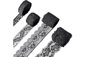 HI.FANCY 4 Rolls Black Lace Ribbon Floral Lace Trim Black Stretch Black Lace Trim Flowers Ribbon Lace Stretch Flowers Pattern Lace Ribbon Vintage Lace for Sewing Gift Wrapping Valentine's Day Crafts Wedding
