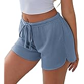 Ekouaer Womens Waffle Knit Pajama Shorts Soft Drawstring Lounge bottoms Casual Workout Shorts with Pockets