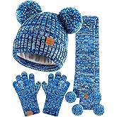 Kids Winter Hat Gloves Scarf Set, Girls Toddler Children Beanie with Pom Knit Neck Warmer Gaiter Mittens Fleece Lined Set