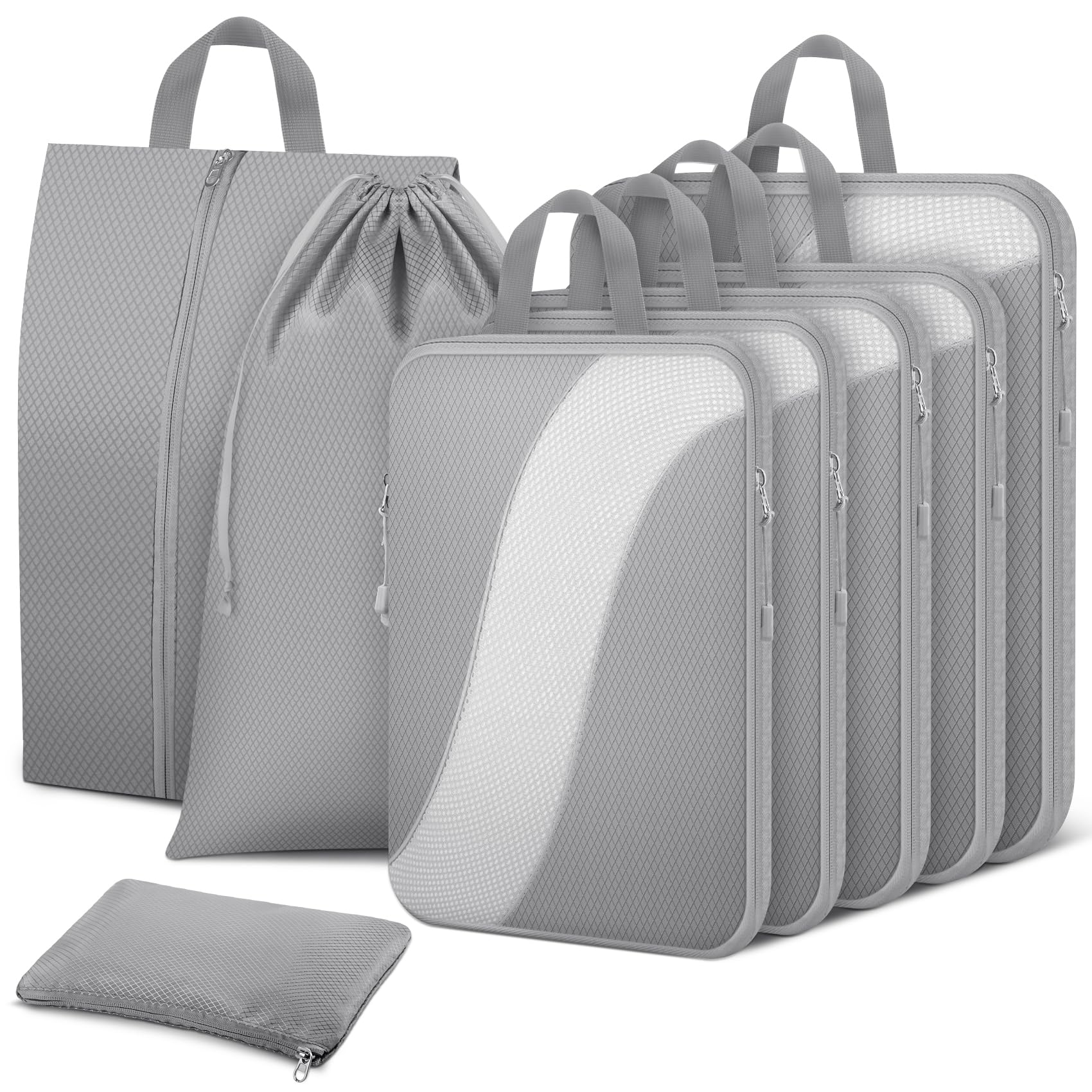Photo 1 of 8 Set Compression Packing Cubes, Travel Packing Cubes for Carry On Suitacases, Luggage, Suitcase Organizer with Shoe & Laundry Bags, Packing Cubes for Travel Essentials, Grey
