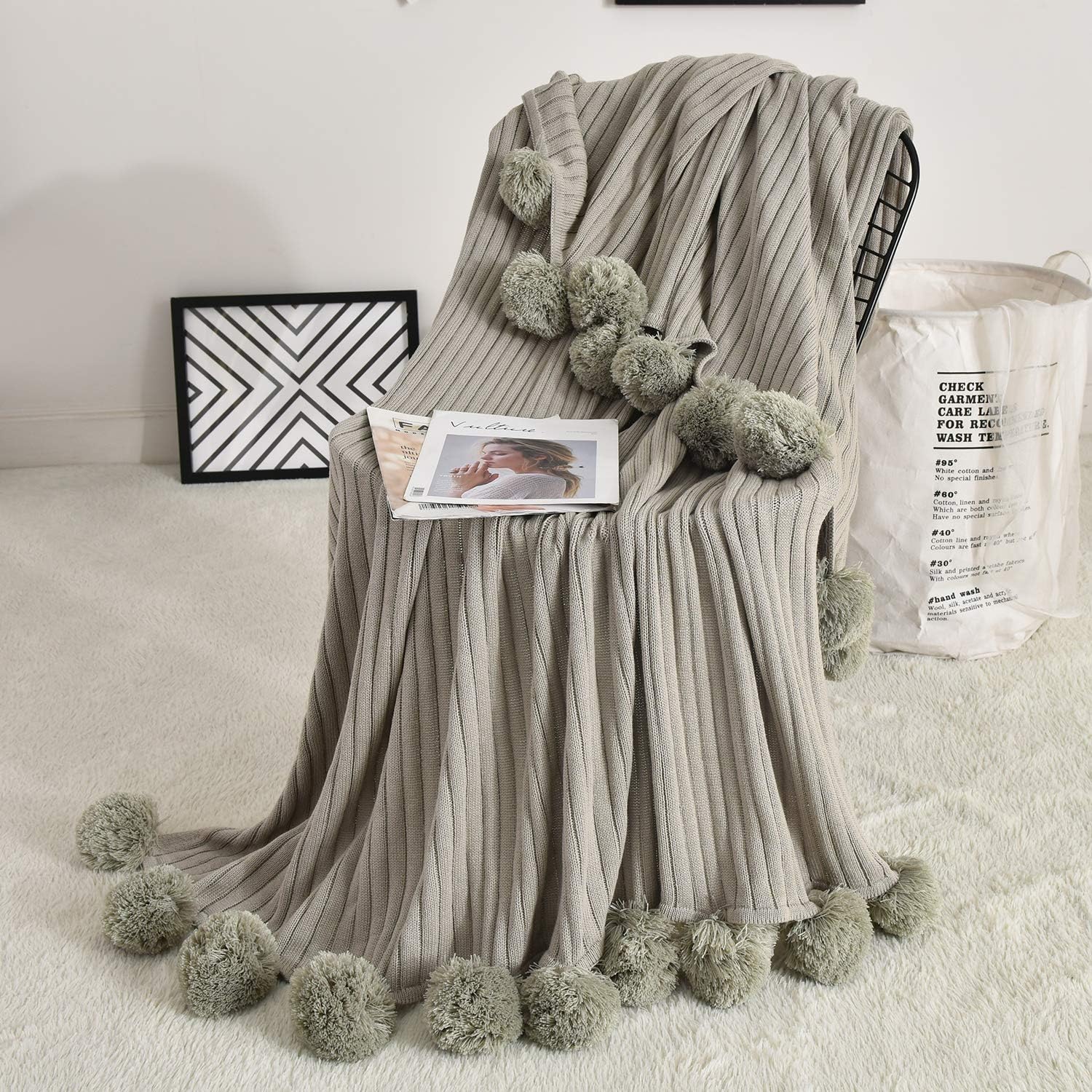 Fomoom Throw Blanket for Couch, 40 x 60 Inch White Pom Pom Throw Blanket Knit Blanket with Pom Poms, Fuzzy, Fluffy, Plush, Soft, Cozy, Warm Knitted Cover, Decorative Cotton Blanket for Sofa Bed: Home & Kitchen
