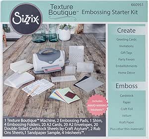 Sizzix Texture Boutique Starter Kit Manual Machine and Pair Pads, Mylar Shim, Embossing Folders Cardstock and More, 4 1/2 in (11.43 cm) Opening