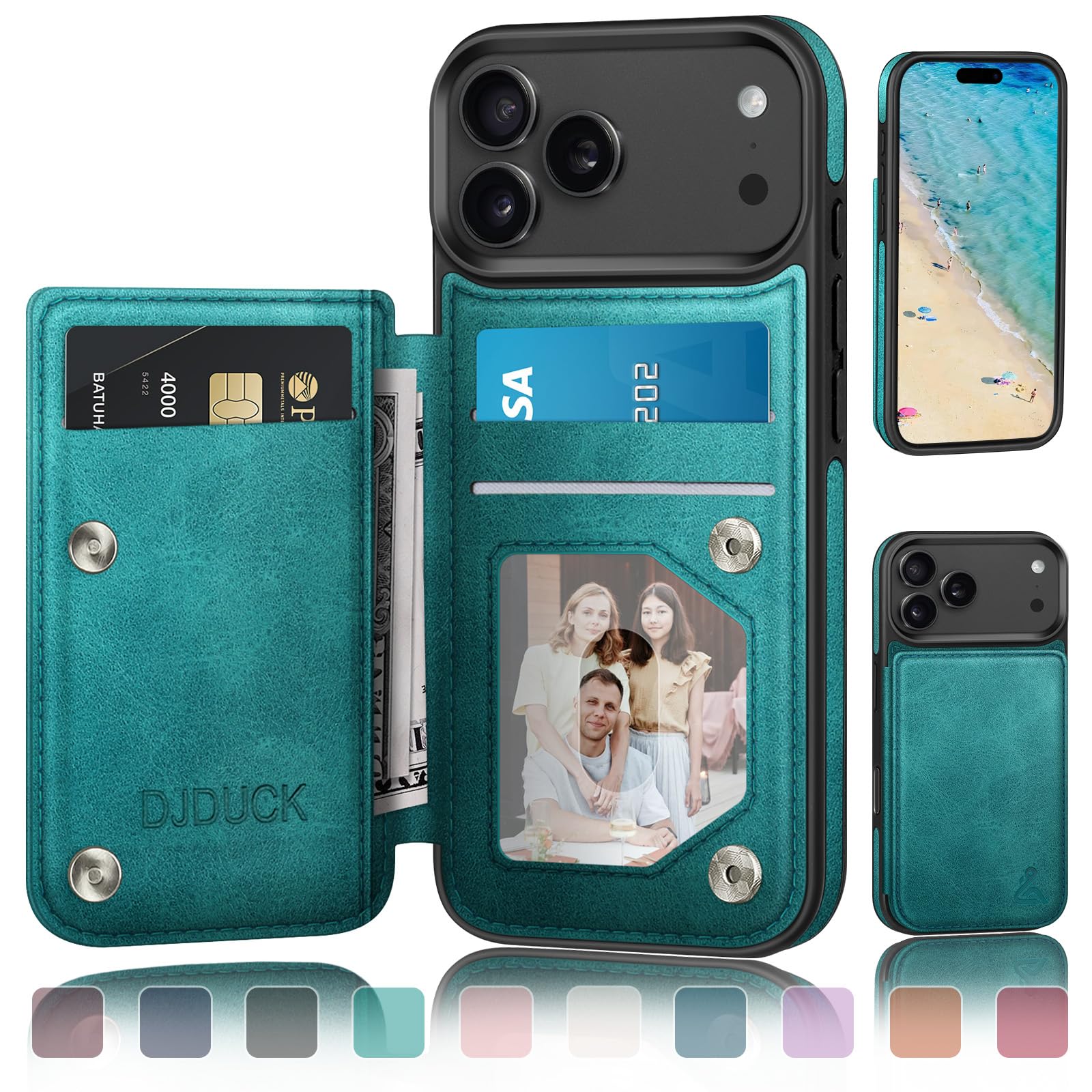 DJDUCK Designed for iPhone 17 Pro Case Wallet with Card Holder, [Magnetic Clasp Cover] [RFID Blocking Leather Protection] Shockproof Women Men Cases 6.3 Inch for Apple 17 Pro Blue Green