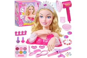 B Bascolor Hair Styling Doll Head Makeup Kit for Girls Toys - Kids Hair Salon Pretend Playset with Hairdryer, Curling Iron, Headwears & Real Makeup Nail Polish, Birthday Gift for Girl 3 4 5 6 7 8+