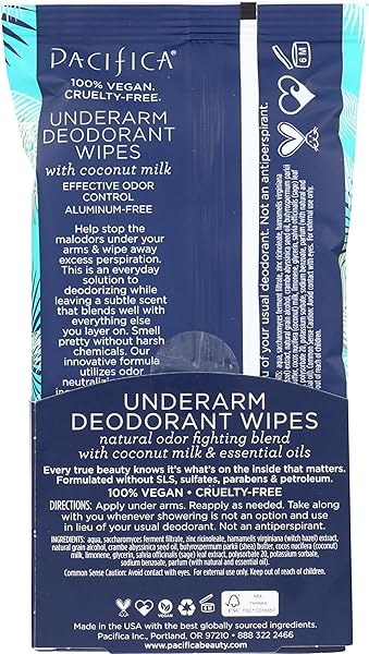 PACIFICA BEAUTY COCONUT MILK & ESSENTIAL OILS UNDERARM DEODORANT WIPES, HELPS REMOVE ODOR, ALUMINUM-FREE, VEGAN & CRUELTY-FREE, 30 WIPES (1-PACK)