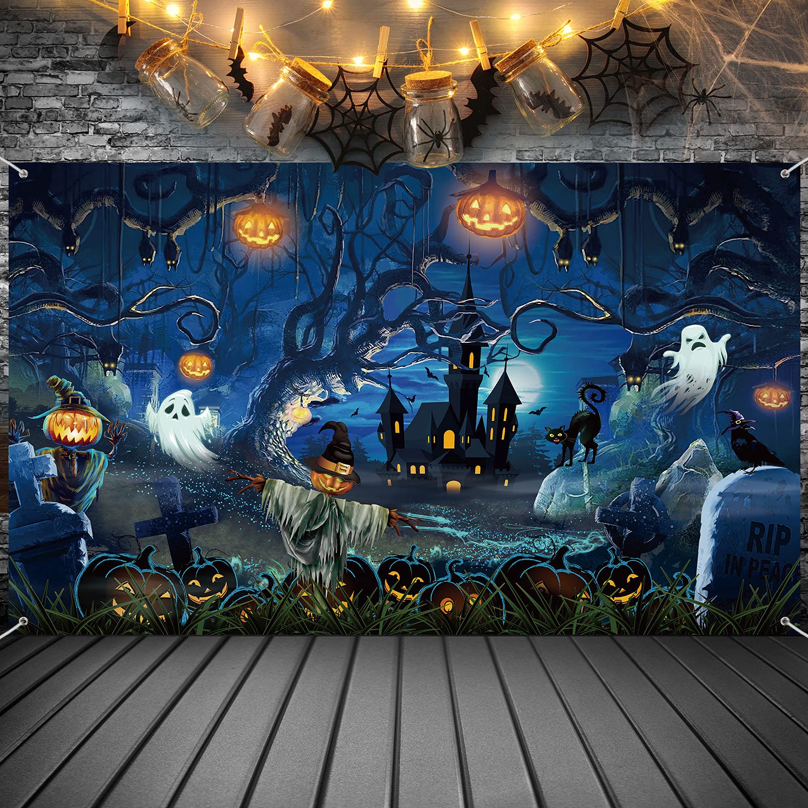Halloween Decoration Backdrop, Spooky Forest Scary Cemetery Horror Pumpkins Graveyard Backdrop Haunted House Banner Photography Background for Adult Halloween Party Decor, 72.8 x 43.3 Inch