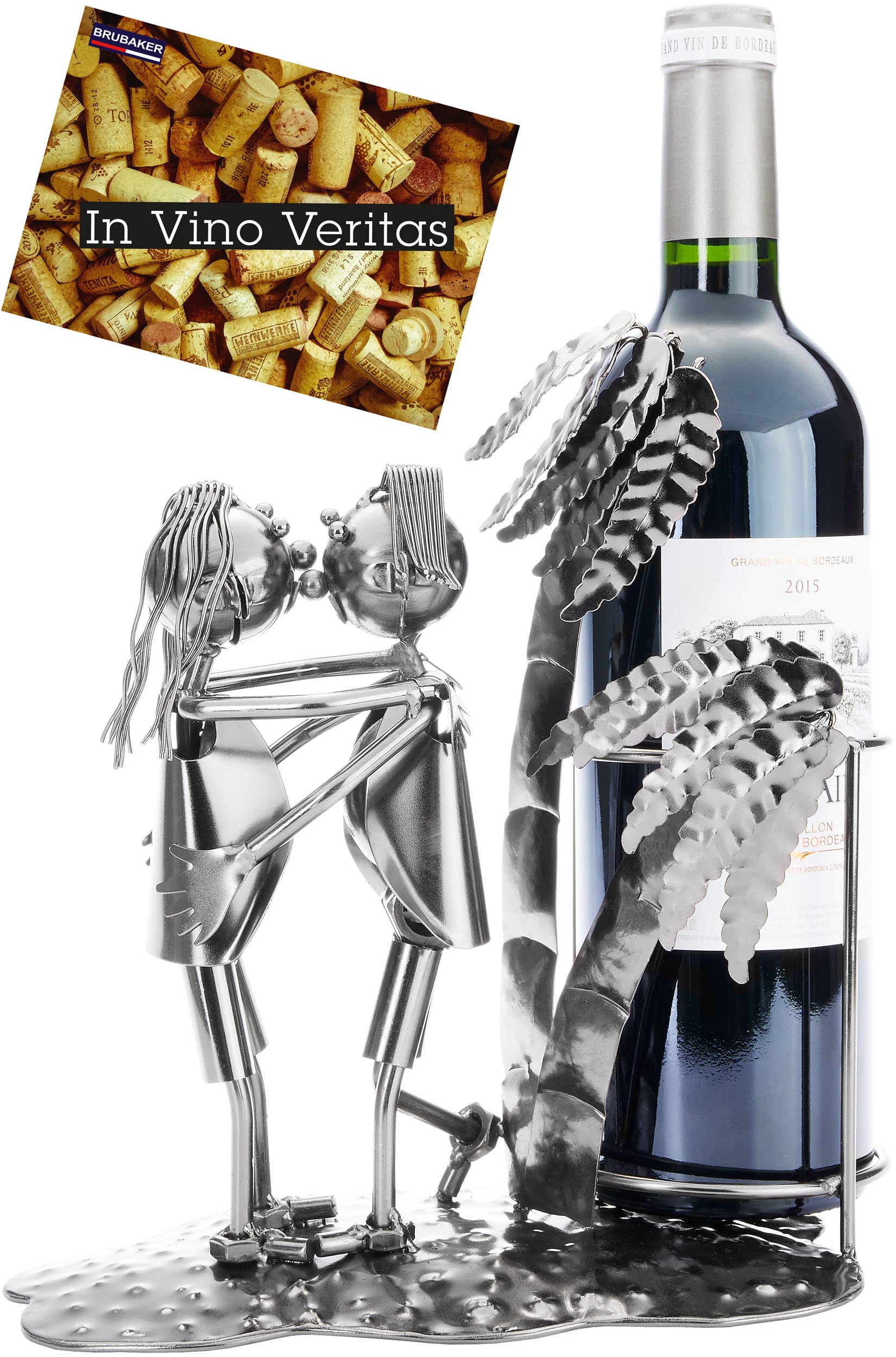 BRUBAKER Wine Bottle Holder Lovers with Palm Trees - Metal Bottle Holder Holiday Couple - 9.4 inches (24 cm) Bottle Rack Decoration with Greeting Card - Wine Gift for Valentine's Day