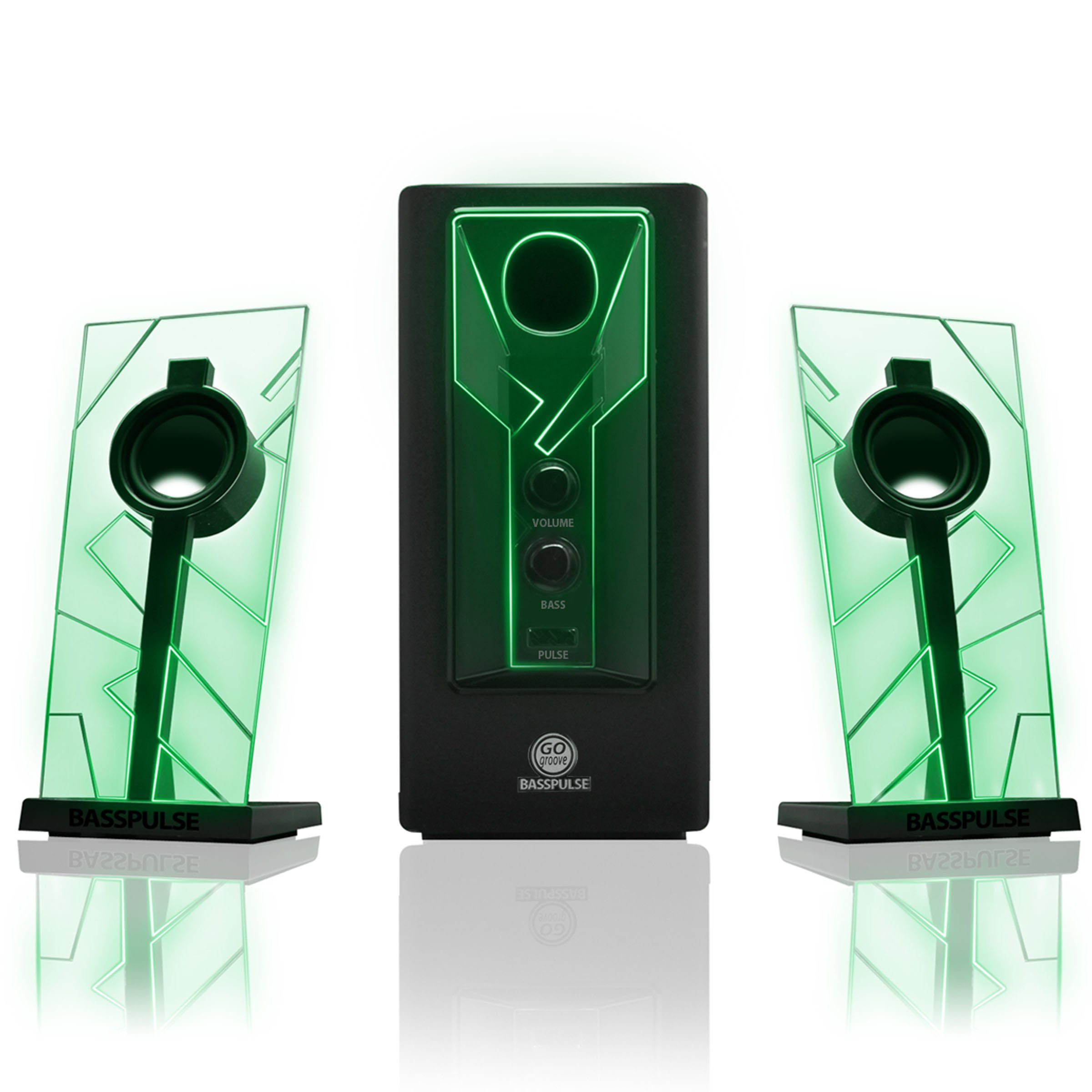 GOgroove BassPULSE 2.1 LED Satellite Stereo PC Computer Gaming Speakers with Green Glow Lights, Bass Controls and Powered Subwoofer-Compatible with PC, Mac, Desktop, Laptop and More Multimedia Devices