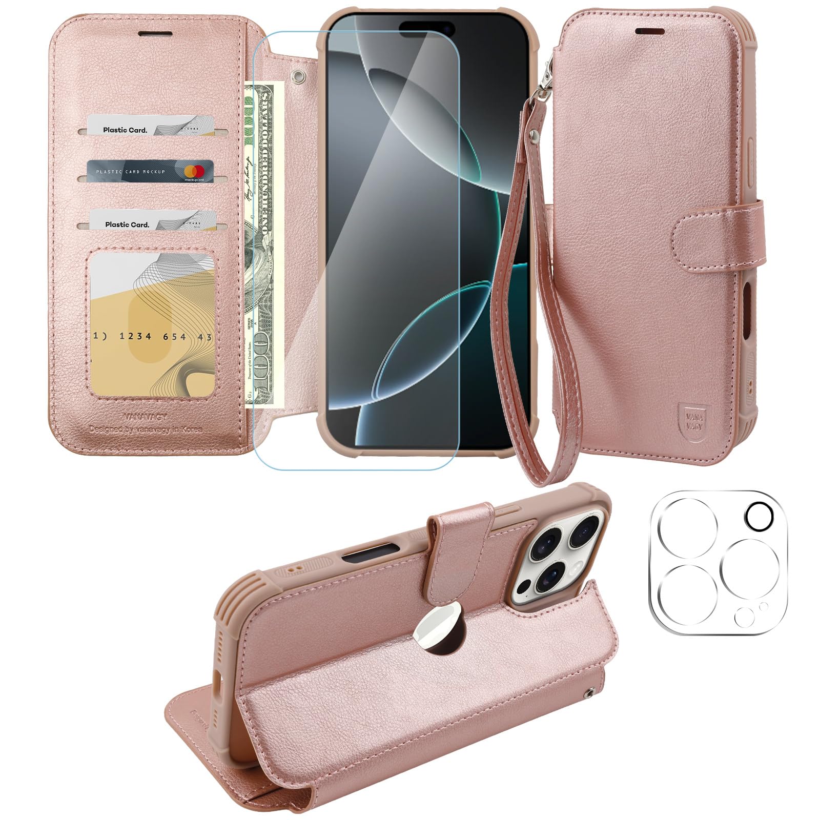 VANAVAGY Compatible for iPhone 16 Pro Wallet Case, 12ft Drop Protection, RFID Blocking PU Leather Flip Cover, Card Holder & Kickstand, Shockproof Phone Case for 16 Pro-6.3 Inch,Rose Gold
