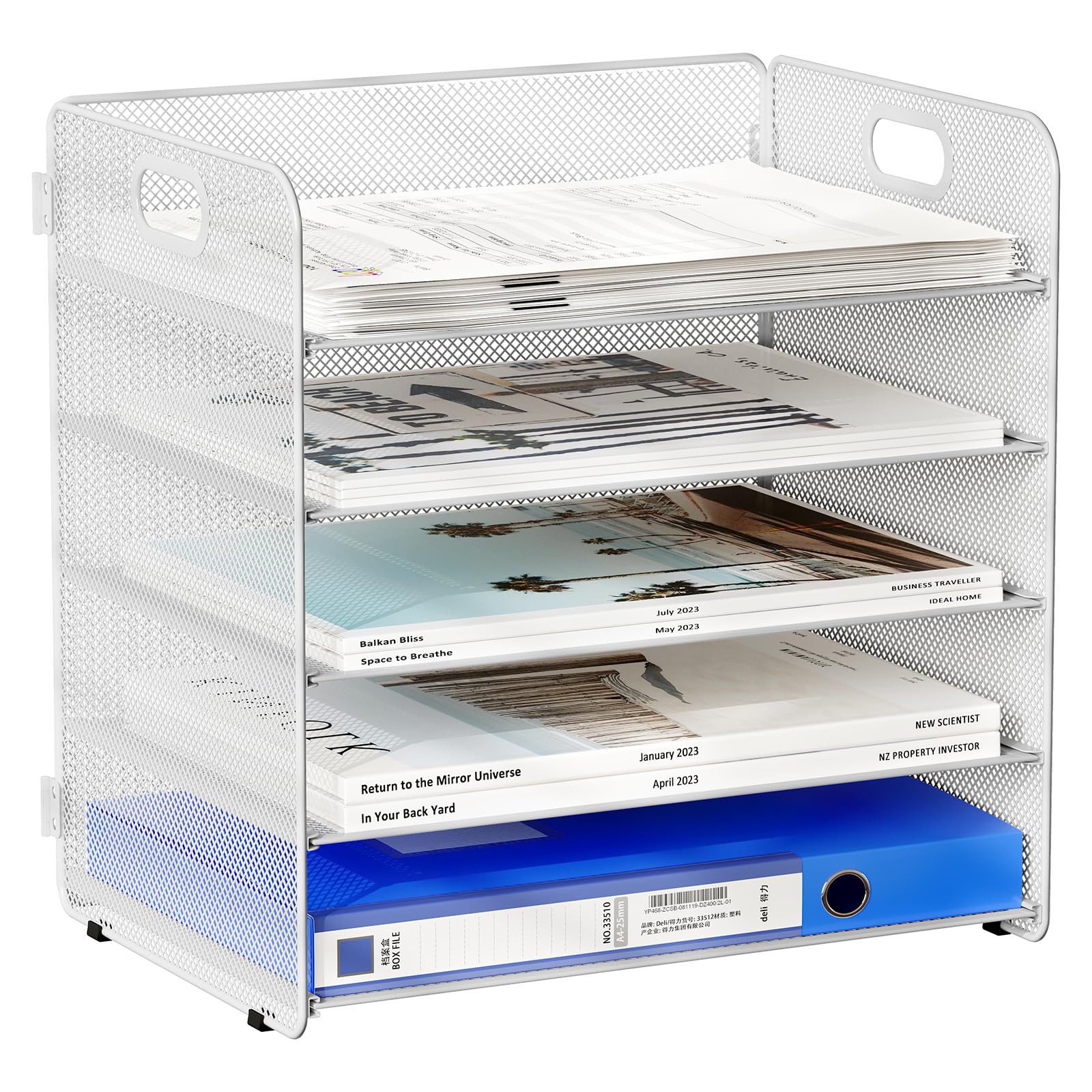 EasyPAG 5 Tier Desktop A4 Mesh Filing Tray Office Desk Tidy File Holder Paper Organiser Magazine Storage Rack,White