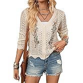 OYOANGLE Women's Hollow Out Button Front Long Sleeve Crochet Cardigan Sweater Floral Embroidered Lightweight Sweater Cardigan