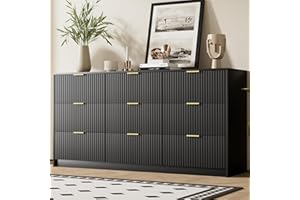 Furniway Black Dresser for Bedroom, Modern Dresser with 9 Drawers and Smooth Slides, Wide Chest of Drawers with Golden Handles for Bedroom, Living Room, Closet, 15.7" D x 63" W x 31.5" H