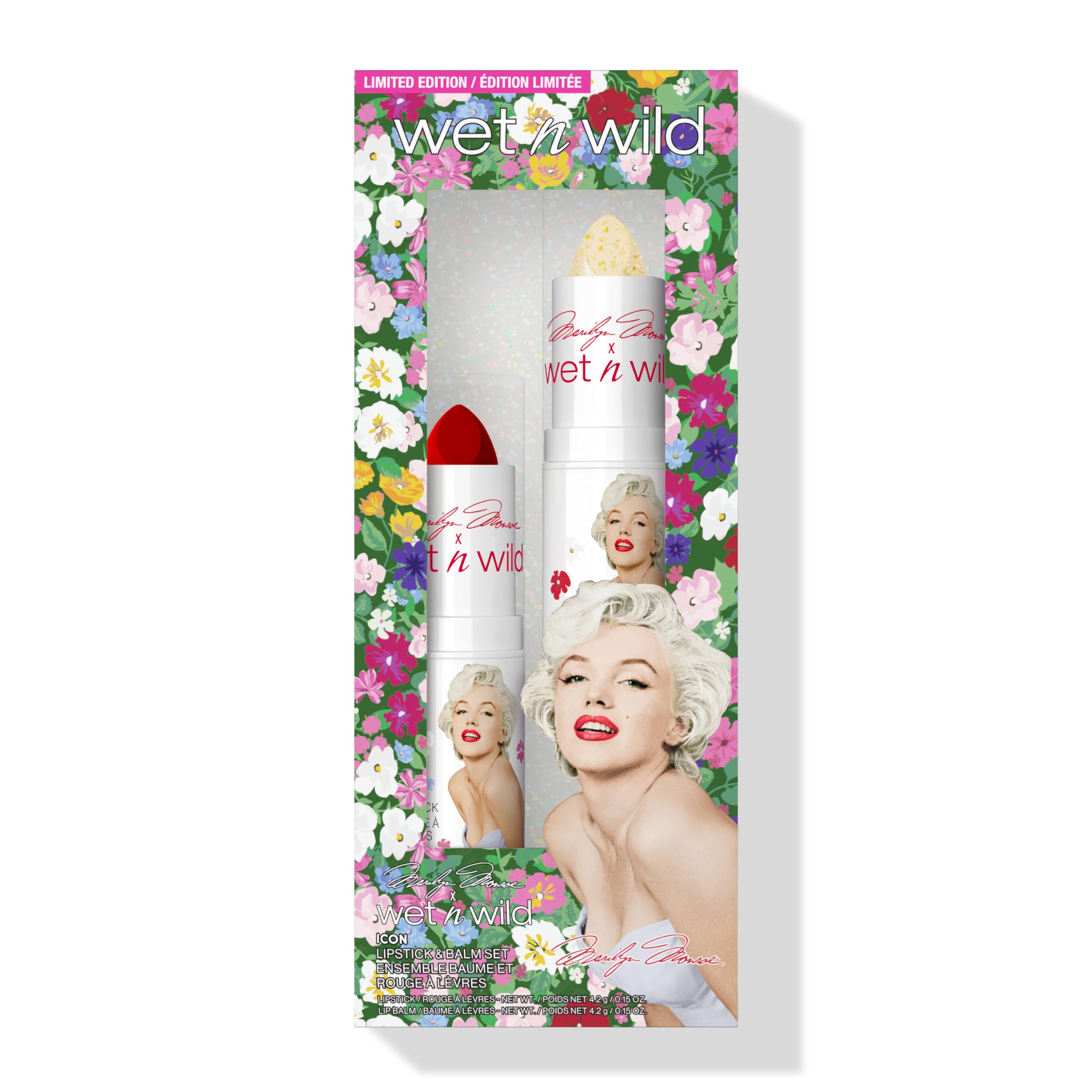 Wet n Wild Marilyn Monroe Icon Lipstick & Balm Set, 2-Piece Lipstick and Lip Balm Set, Moisturizing Formula, Infused with Golden Glitter, pH-Activated Ingredients, Red and Clear