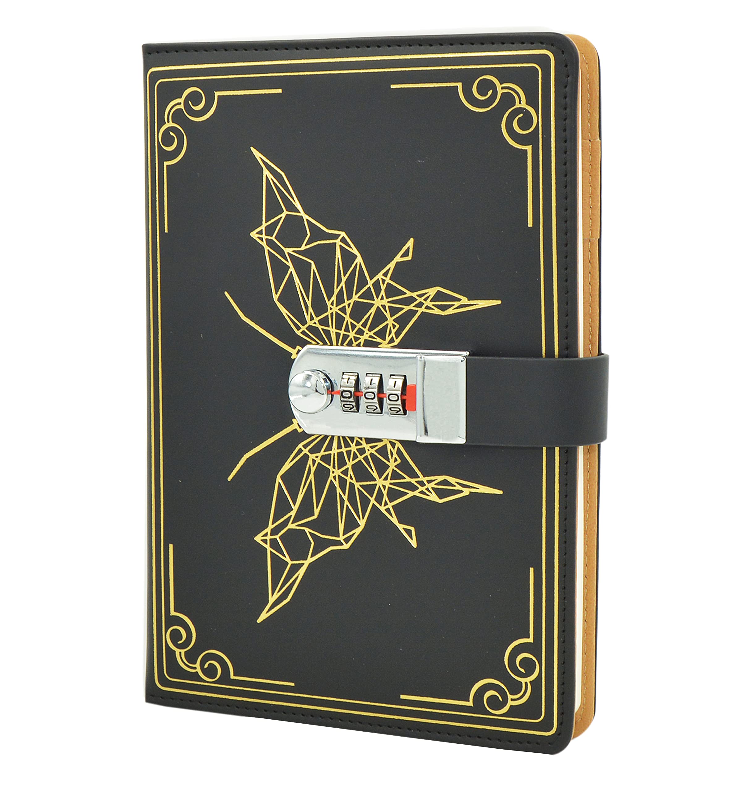 Auvier Creative PU Leather Notebook Diary with Lock (Retro Butterfly), A5 Secret Password Notepad Journal Travel Diary Organiser with Combination Lock Pen Holder, 150 x 220 mm, Black