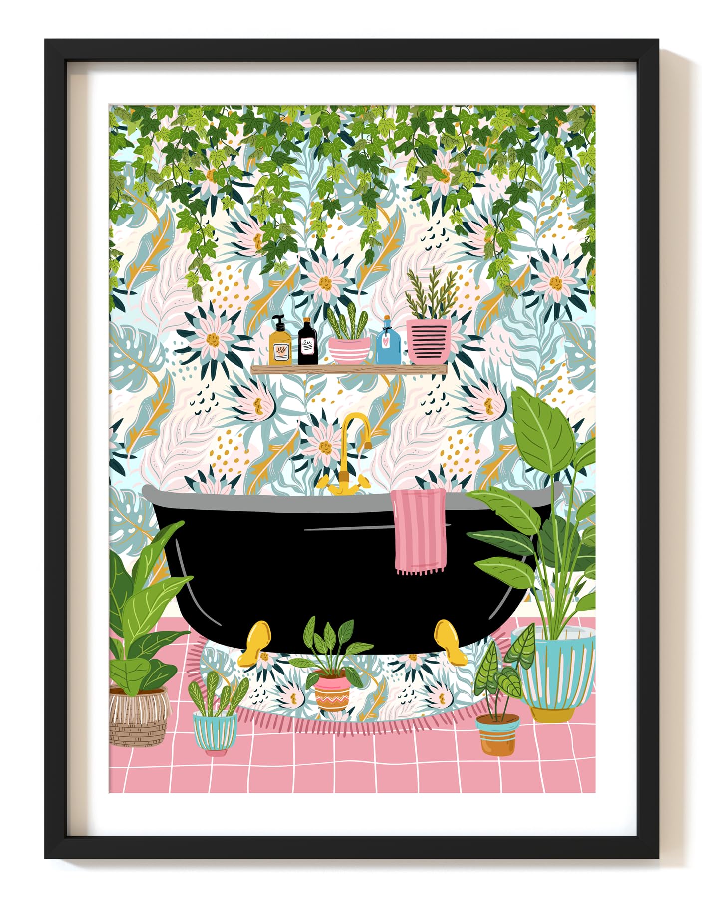 Parmaro Tropical Bathroom Print, Floral Bath Bathroom Print, A4 UNFRAMED Print, Toilet Sink Print, Pink Botanical Print, Botanical Pink Artwork, Tropical Bathroom Decor
