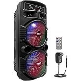Pyle Portable Bluetooth PA Speaker System - 600W Rechargeable Outdoor Bluetooth Speaker Portable PA System w/ Dual 8” Subwoofer 1” Tweeter, Microphone In, Party Lights, USB, Radio, Remote - PPHP2835B