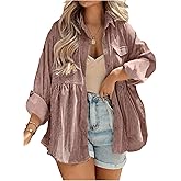 WDIRARA Women's Button Down Corduroy Shirts Long Sleeve Ruffle Hem Blouse Tops