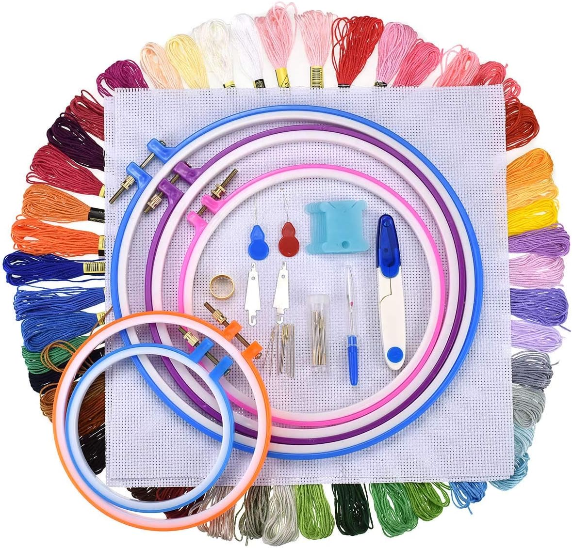 EUOW Cross Stitch Tool Set,Embroidery Entry Level Set - 5 Plastic Embroidery Hoops,50 Color Lines,11.8x11.8inch Embroidered Cloth&Threading Device&Winding Plate Sewing Kit