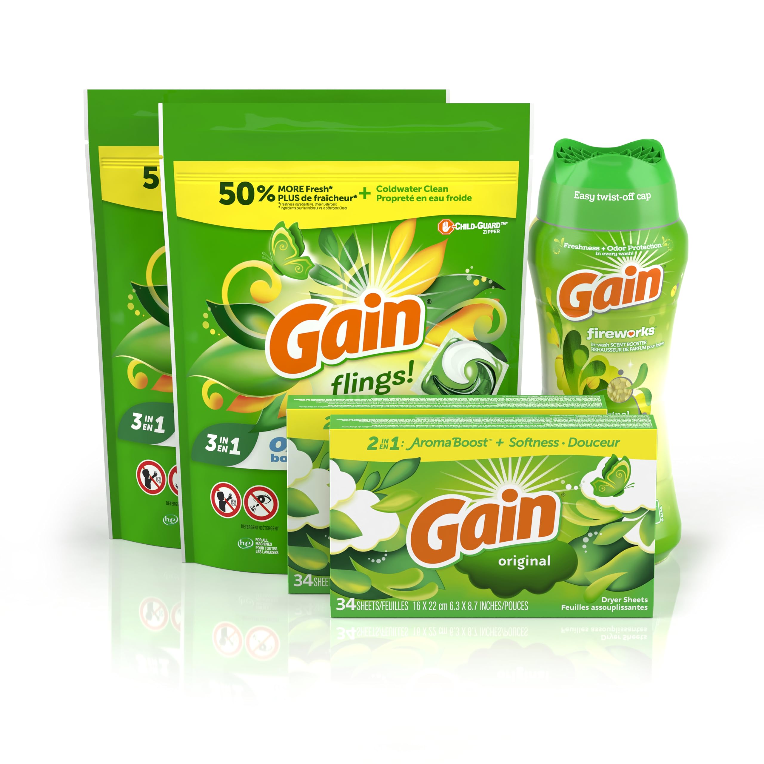 Gain Laundry Bundle: Gain Flings Laundry Detergent Pacs (2x35ct), Dryer Sheets (2x34ct), Fireworks Laundry Scent Booster Beads (14.8oz)