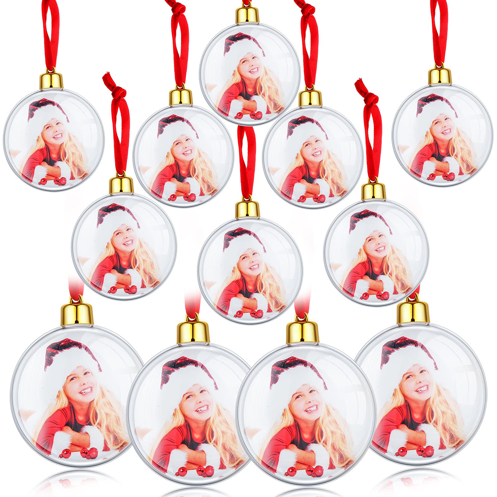 Skylety 12 Pieces Photo Ornament Ball Plastic Christmas Hanging Personalized Frame Baubles for DIY Holiday Party Valentine's Day Decorations Picture Decors, Red