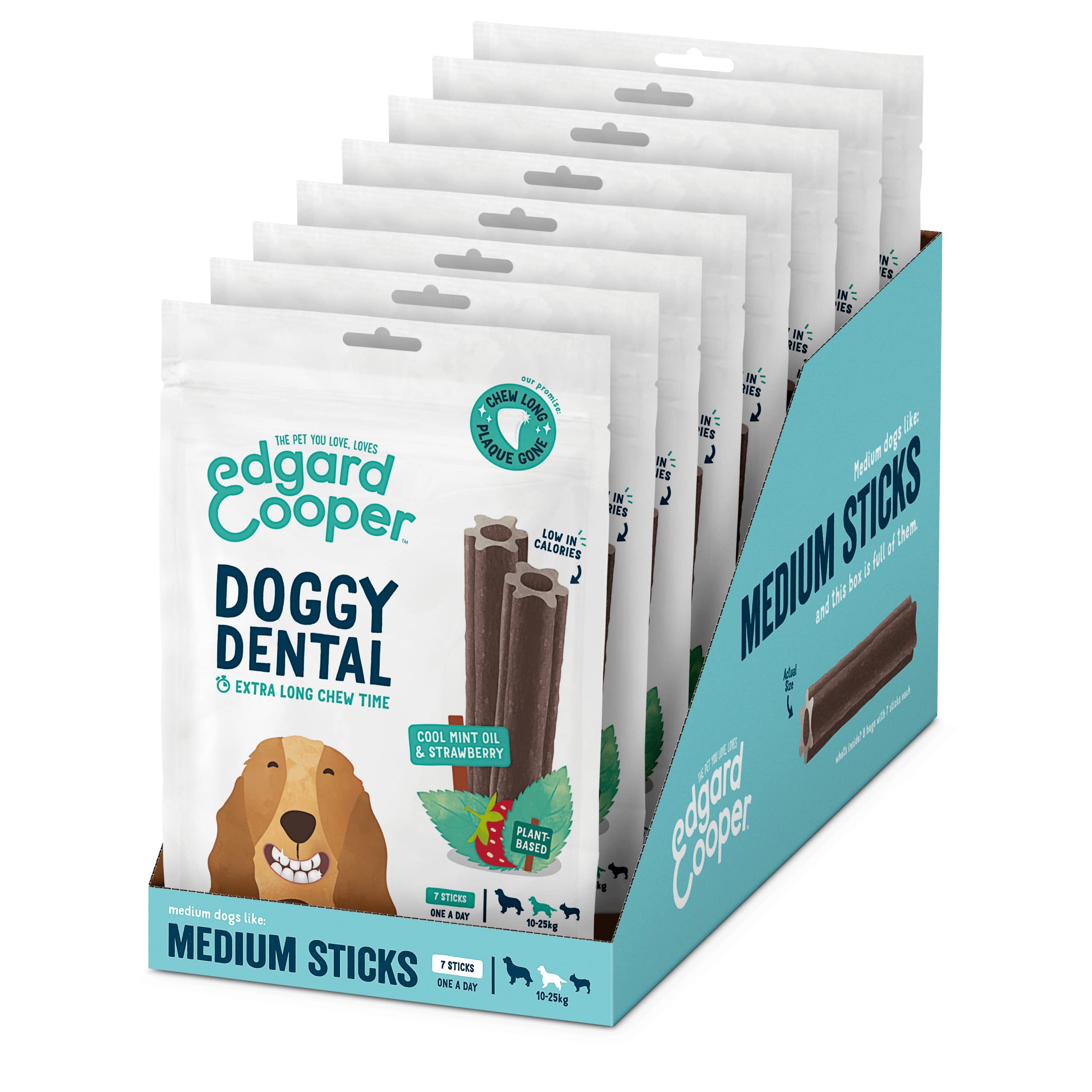 Edgard Cooper Treats Dental Stick, Medium, Mint and Strawberry, 8 x 7 stick pack, Natural Dog Chew Sticks, Dental Hygiene, One per Day, Low Calorie, Long Chewing, Fresh Breath