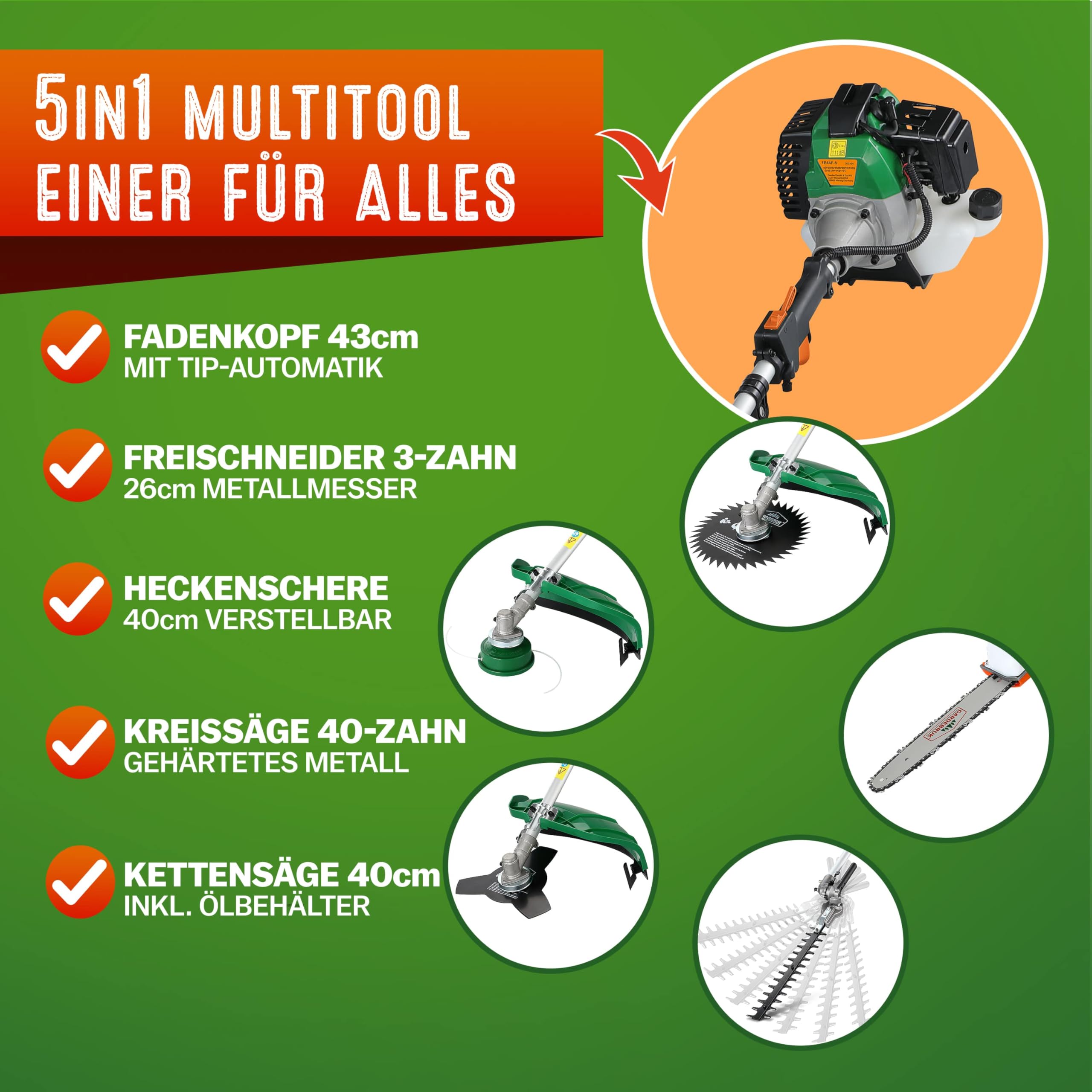 GARDEBRUK® Benzin Motorsense Freischneider 5 in 1 Heckenschere Rasentrimmer Hochentaster 2 PS Tragegurt verstellbar 1m Verlängerung 4