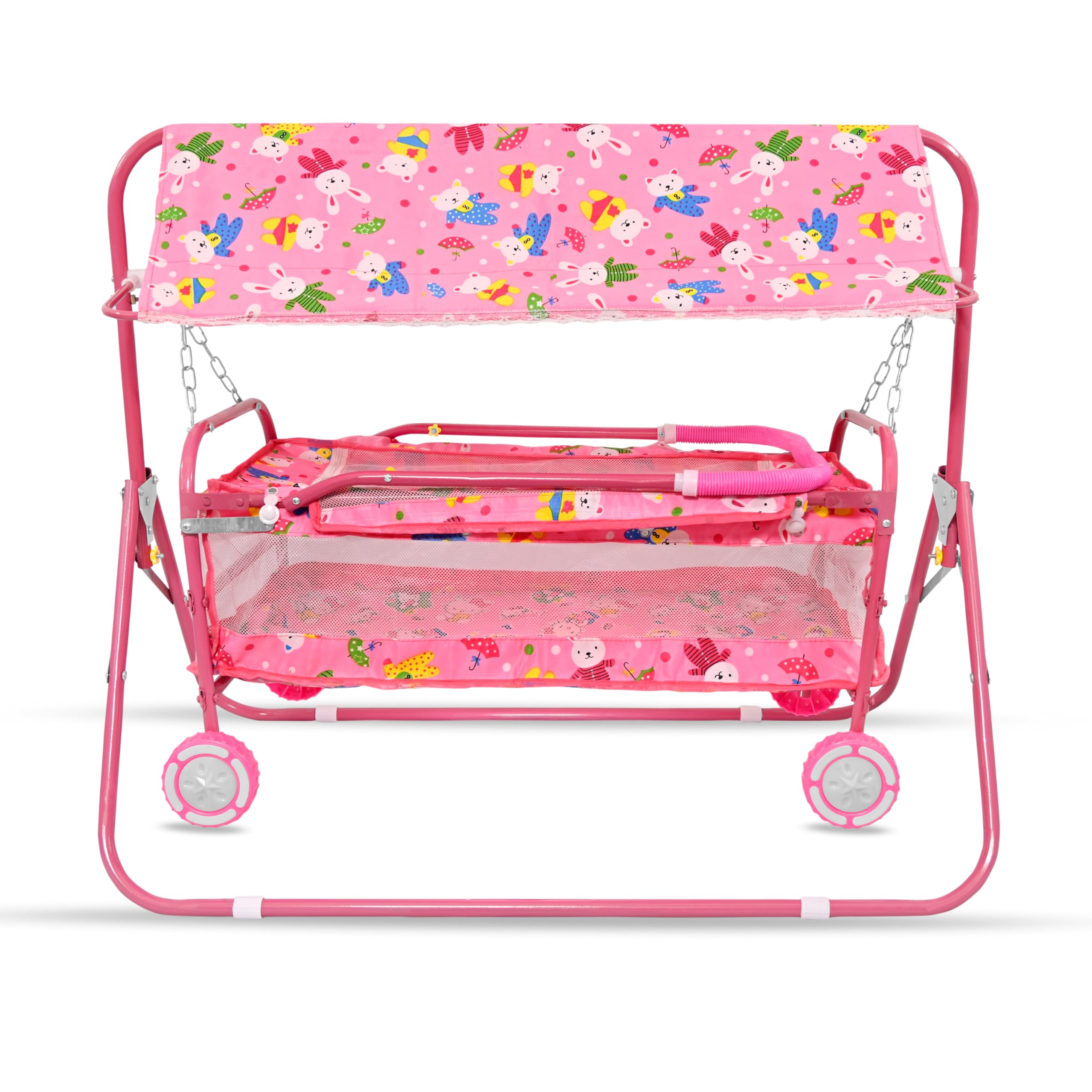 AVANI METROBUZZ Baby Cradle Mosquito Net Jhula Palna Stroller Infant & Toddler Beds Born Baby 1-2 Years Babies-Newborn Baby Cotton Baby Sleep Baby Bedding Cradle with Wheels AM1 (Pink) 1