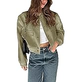 Megfie Womens Cropped Bomber Jacket Button Down Varsity Jackets Shackets with Pockets