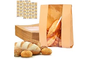Moretoes Large Paper Bread Bags for Homemade Bread, 50Packs Sourdough Bread Bags with Window Includes Label Seal Stickers for Baked Food Packaging Storage (13.7x8.3x3.5 Inch), Brown