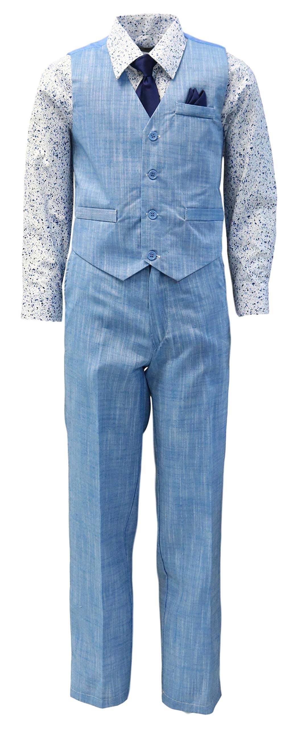 Vittorino Boys Linen Look 4 Piece Suit Set with Vest Pants Shirt and Tie