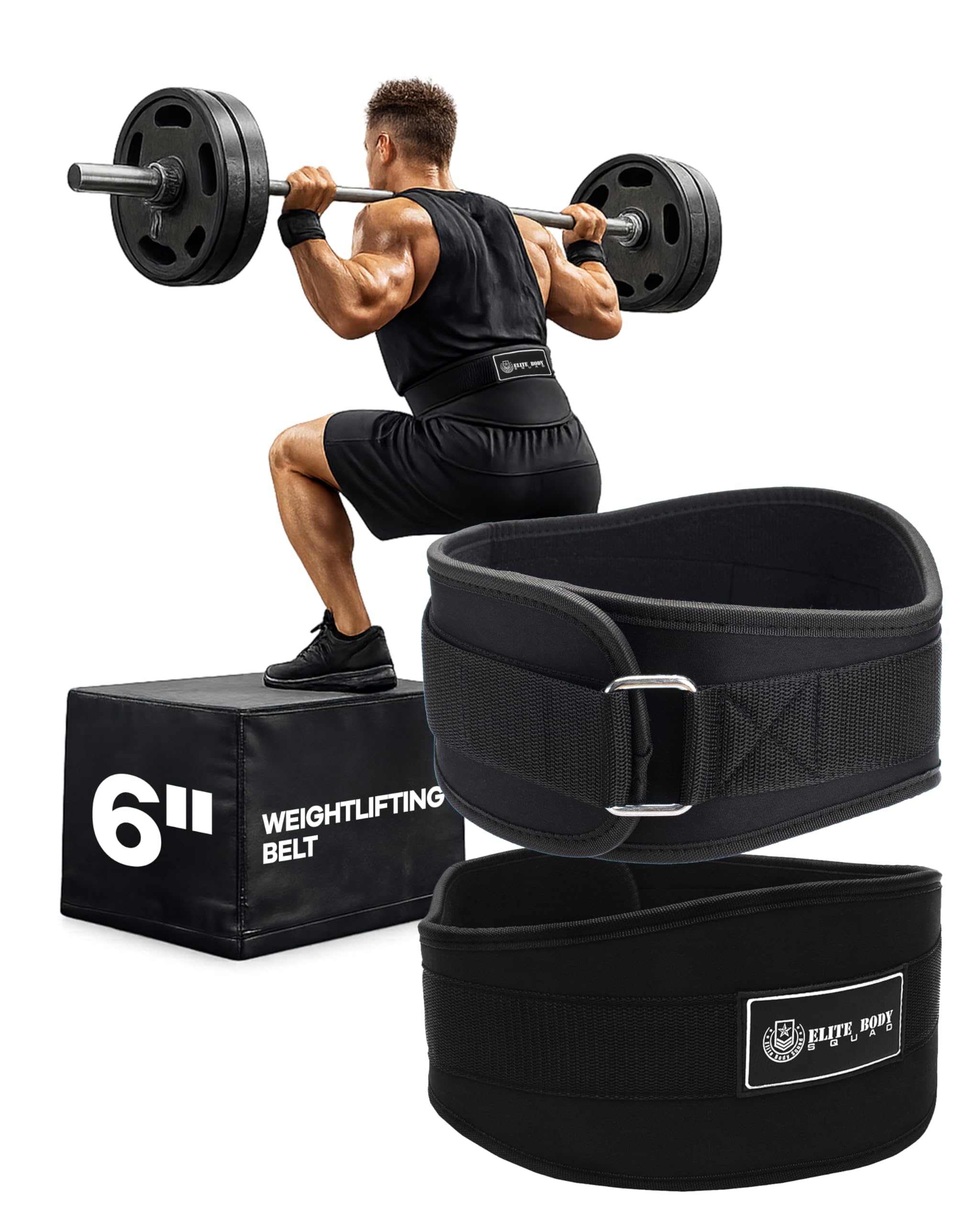 Weight Lifting Belt Neoprene Lumbar Back Support Gym Belt | Elite Body Squad Weightlifting Belt for Deadlifts, Squats, Workouts | Fully Adjustable Back Support - 6” Wide Soft Feel Padding