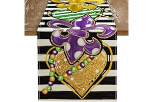 ARKENY Mardi Gras Table Runner 72x13 Inches Fleur De Lis Mask Beads Purple Carnival Table Decor, Stripe Burlap Farmhouse Indoor Outdoor Holiday Decoration for Home Party