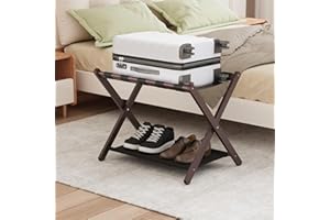 Smuxee Brown Bamboo Luggage Rack for Guest Room, Foldable Suitcase Stand with Storage Shelf, Easily Assembled Luggage Stand with 5 Nylon Straps for Guest Room Bedroom Hotel
