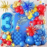 Red Yellow Blue Balloon Garland Arch Kit with Navy Blue 40 Inch Number 3 Balloon, 3rd Birthday Decorations for Boy with Star Foil Balloons for 3 Year Old Theme Party Baby Shower Graduation