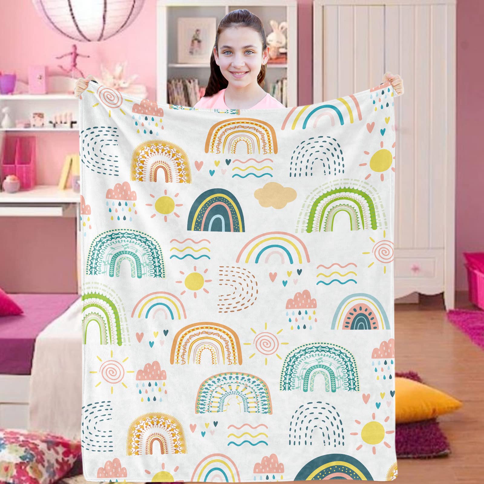 Domgoge Boho Rainbow Blanket, Fluffy Girls, Baby Girl, Soft Cozy Fleece Kids, Flannel Blankets Throw for Toddler Child Daughter Gifts, 101x127cm, Rainbow-white, TR-51